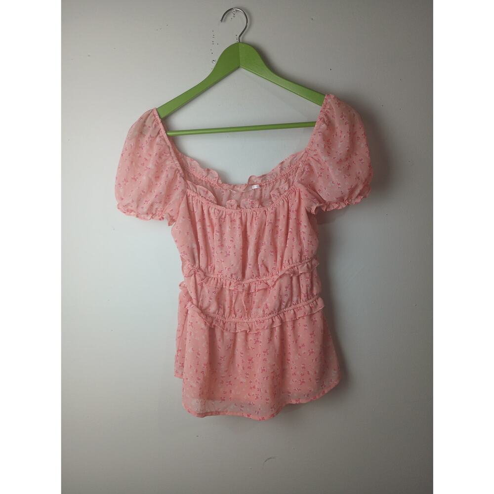 Mi Ami Y2K Pink Floral‎ Ruffle Peplum Top Size M Puff Sleeve Babydoll Blouse